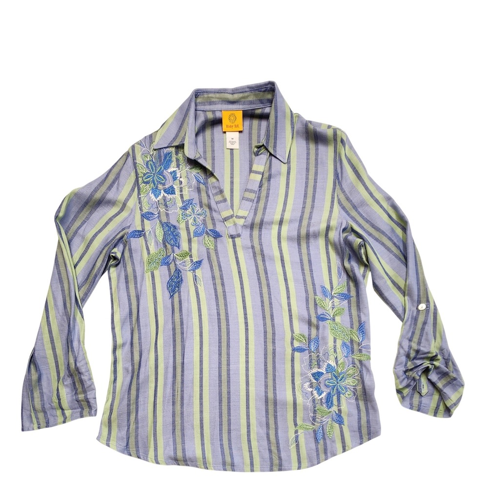 Ruby Rd Striped Embroidered Tunic Blouse Blue Green Roll Tab Womens Medium